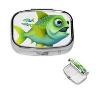 Pilulier carré en métal à 2 compartiments - Motif poisson vert - Joli étui de voyage portable pour médicaments et vitamines - Cadeau unique pour homme et femme