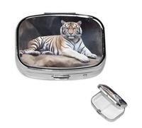 Pilulier carré en métal à 2 compartiments - Motif tigre assis sur un rocher - Pour homme et femme - Cadeau unique