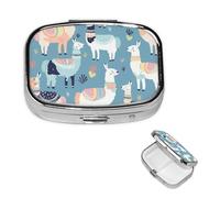Pilulier carré en métal à motif lama de dessin animé - 2 compartiments - Joli pilulier de voyage portable pour médicaments et vitamines - Cadeau unique pour homme et femme
