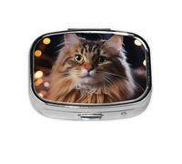 Pilulier carré en métal à suspendre avec 2 compartiments - Motif chat - Avec lumières de Noël - Joli pilulier pour poche, sac à main, bureau, voyage