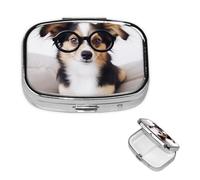 Pilulier carré en métal avec 2 compartiments en forme de chien mignon avec lunettes - Organiseur de médicaments portable pour médicaments et vitamines - Cadeau unique pour homme et femme