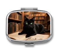 Pilulier carré en métal avec 2 compartiments et miroir - Motif chat noir