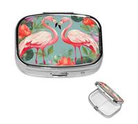 Pilulier carré en métal avec 2 compartiments - Motif flamant rose et fleurs d'amour - Cadeau unique pour homme et femme