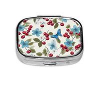 Pilulier carré en métal avec 2 compartiments - Motif papillon bleu et cerise - Pour poche, sac à main, bureau, voyage