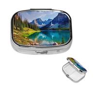 Pilulier carré en métal avec 2 compartiments - Motif paysage de lac et de montagne - Organiseur portable pour médicaments et vitamines - Cadeau unique pour homme et femme