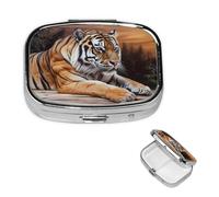 Pilulier carré en métal avec 2 compartiments - Tigre allongé sur bois - Joli pilulier de voyage portable pour médicaments et vitamines - Cadeau unique pour homme et femme