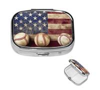 Pilulier carré en métal avec drapeau américain et baseball - 2 compartiments - Joli pilulier de voyage portable pour médicaments et vitamines - Cadeau unique pour homme et femme