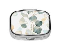 Pilulier carré en métal avec feuilles d'eucalyptus - Organiseur de voyage à 2 compartiments - Petit étui de rangement portable
