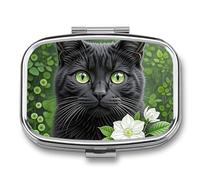 Pilulier carré en métal avec motif chat noir et fleur, 2 compartiments, mini étui à médicaments de voyage avec miroir pour sac à main de poche