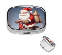 Pilulier carré en métal avec motif Père Noël sur scooter - 2 compartiments - Joli pilulier de voyage portable pour médicaments et vitamines - Cadeau unique pour homme et femme