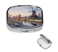 Pilulier carré en métal avec moulin à vent traditionnel - 2 compartiments - Joli pilulier de voyage portable pour médicaments et vitamines - Cadeau unique pour homme et femme