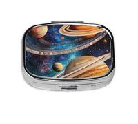 Pilulier carré en métal avec système solaire et planètes - Organiseur de voyage à 2 compartiments - Petit étui de rangement portable