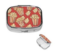 Pilulier carré en métal imprimé popcorn à 2 compartiments - Joli pilulier de voyage portable pour médicaments et vitamines - Cadeau unique pour homme et femme