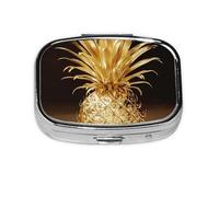 Pilulier carré imprimé ananas doré avec 2 compartiments, mini pilulier portable pour médicaments, vitamines, huile de poisson, compléments
