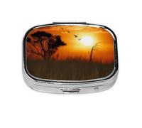 Pilulier carré imprimé au coucher de soleil africain avec 2 compartiments, mini pilulier portable pour médicaments, vitamines, huile de poisson, compléments