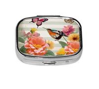 Pilulier carré imprimé fleurs, papillons, oiseaux avec 2 compartiments, mini pilulier portable pour médicaments, vitamines, huile de poisson, compléments