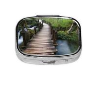 Pilulier carré imprimé pont en bois avec 2 compartiments, mini pilulier portable pour médicaments, vitamines, huile de poisson, compléments
