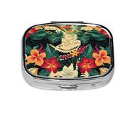 Pilulier carré imprimé sur le thème du folklore hawaïen - 2 compartiments - Petit pilulier de voyage portable pour poche et sac à main - Mini pilulier pour contenir des vitamines quotidiennes
