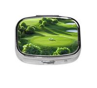 Pilulier carré imprimé terrain de golf avec 2 compartiments, mini pilulier portable pour médicaments, vitamines, huile de poisson, compléments