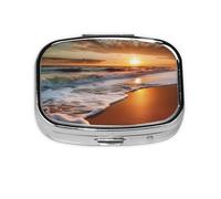 Pilulier carré imprimé vague blanche Beach Sunrise avec 2 compartiments, mini pilulier portable pour médicaments, vitamines, huile de poisson, compléments