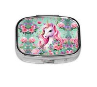 Pilulier carré licorne rose léger et portable, avec 2 inserts en plastique, convient pour le transport dans les poches ou les portefeuilles.
