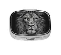 Pilulier carré noir et blanc imprimé tête de lion 2 compartiments petit organisateur de médicaments portable en métal pour poche sac à main mignon mini pilulier pour contenir des vitamines