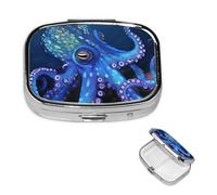 Pilulier carré portable à 2 compartiments en forme de pieuvre bleue pour poche ou sac à main, petit planificateur hebdomadaire de médicaments de voyage avec miroir décoratif en métal, porte-vitamines