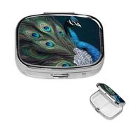 Pilulier carré portable à 2 compartiments en forme de plumes de paon bleu pour poche ou sac à main, petit planificateur hebdomadaire de médicaments de voyage avec miroir décoratif en métal