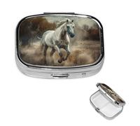 Pilulier carré portable à 2 compartiments - Motif cheval courant dans un champ - Joli pilulier de voyage - Organiseur de vitamines pour sac à main, poche, cadeau de voyage