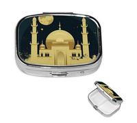Pilulier carré portable à 2 compartiments pour l'Aïd Al-Fitr avec lune et mosquée, organiseur de vitamines pour sac à main, poche, cadeau de voyage