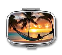 Pilulier carré portable avec 2 compartiments, motif coucher de soleil de noix de coco, plage et vitamines pour sac à main et voyage