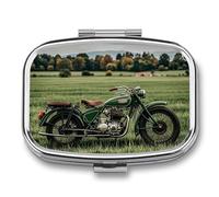 Pilulier carré portable avec 2 compartiments Motif moto sur herbe verte