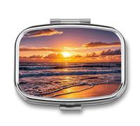 Pilulier carré portable avec 2 compartiments, motif plage, coucher de soleil et vagues