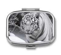 Pilulier carré portable avec 2 compartiments, motif tigre blanc dans la neige, organiseur de pilules vitaminées pour poche, sac à main et voyage