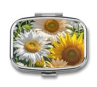 Pilulier carré portable avec 2 compartiments, motif tournesol, marguerite, rose, pour poche, sac à main et voyage