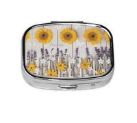 Pilulier carré portable avec 2 compartiments Motif tournesols sur bois