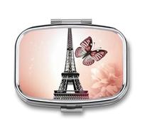Pilulier carré portable avec 2 compartiments Paris et papillon - Pilulier de vitamines pour poche, sac à main et voyage