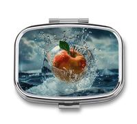 Pilulier carré portable en métal à 2 compartiments - Petit pilulier de voyage - Fruits mignons dans l'eau et vitamines - Organiseur pour sac à main