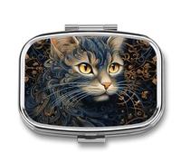 Pilulier carré portable en métal à 2 compartiments - Petit pilulier de voyage - Joli dessin d'un chat - Support de vitamines pour sac à main
