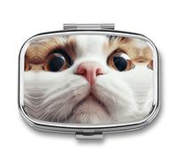 Pilulier carré portable en métal à 2 compartiments - Petit pilulier de voyage - Joli visage de chat marron - Support de vitamines pour sac à main