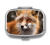 Pilulier carré portable en métal à 2 compartiments - Petit pilulier de voyage mignon - Le renard regarde dans la distance - Support de vitamines pour sac à main