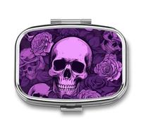 Pilulier carré portable en métal à 2 compartiments - Petit pilulier de voyage - Motif crânes et roses - Violet