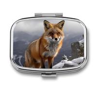Pilulier carré portable en métal à 2 compartiments - Petit pilulier de voyage - Renard mignon sur les montagnes enneigées - Support de vitamines pour sac à main