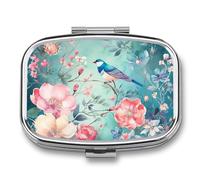Pilulier carré portable en métal à 2 compartiments - Petit pilulier de voyage - Style fleur et oiseau - Support de vitamines pour sac à main
