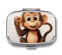 Pilulier carré portable en métal avec imprimé singe mignon - Double compartiment pour poche ou sac à main