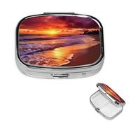 Pilulier carré pour sac à main ou poche 2 compartiments - Petit pilulier portable - Belle plage coucher de soleil - Pilulier de voyage pour médicaments, vitamines, foie de morue, huile de foie