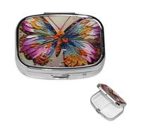Pilulier carré pour sac à main ou poche - 2 compartiments - Petit pilulier portable - Broderie papillon coloré - Pilulier de voyage pour médicaments, vitamines, morue, huile de foie