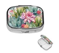Pilulier carré pour sac à main ou poche - 2 compartiments - Petit pilulier portable - Cactus coloré - Pilulier de voyage - Boîte de rangement pour médicaments, vitamines, foie de morue, huile de foie
