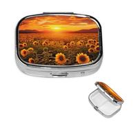 Pilulier carré pour sac à main ou poche - 2 compartiments - Petit pilulier portable - Champs de tournesols - Coucher de soleil - Mer de fleurs - Pilulier de voyage pour médicaments, vitamines, foie de