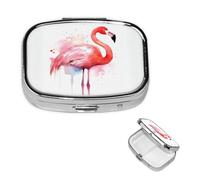 Pilulier carré pour sac à main ou poche - 2 compartiments - Petit pilulier portable - Flamant rose - Aquarelle - Pilulier de voyage - Boîte de rangement pour médicaments, vitamines, foie de morue